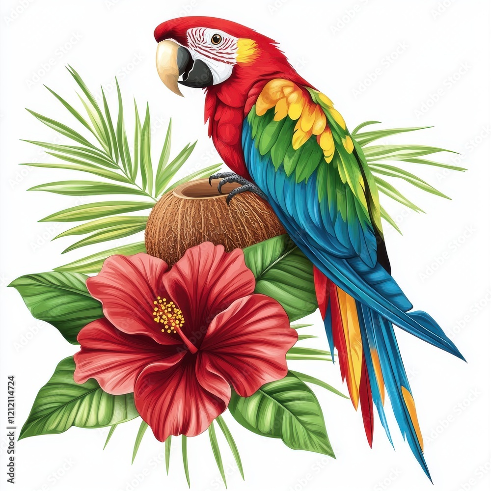 Obraz premium Tropical jungle scene featuring colorful parrot hibiscus flower coconut and leaves on white background