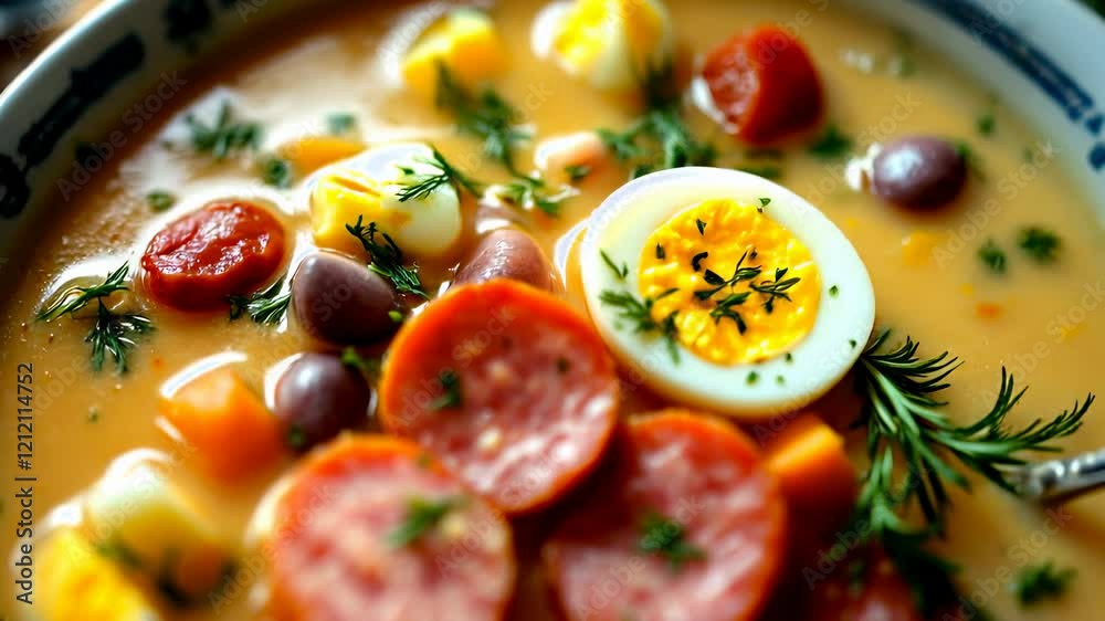 Traditional Polish Easter Żurek: White Borscht with Sausage and Eggs
