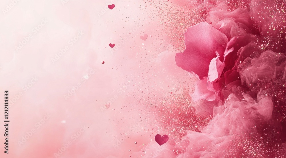Fototapeta premium Pink and Red Rose with Glitter and Hearts Romantic Valentine's Day Background
