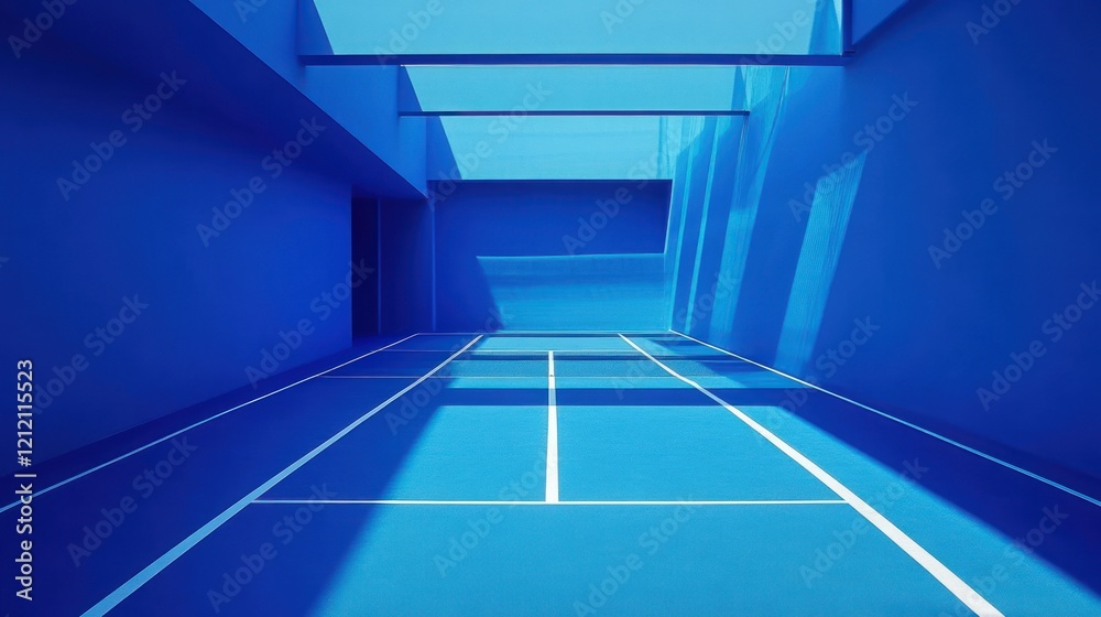 Obraz premium Sunlit blue indoor badminton court with white lines.
