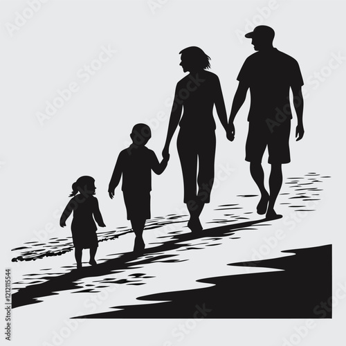  A family walking on the beach image silhouette vector art and illustration