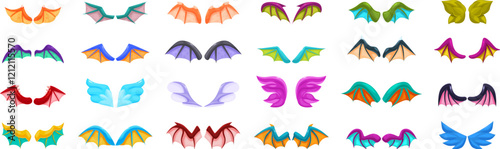 Dragon wings icons set. Cartoon wings set featuring various shapes, colors, and styles, ideal for adding a touch of magic and wonder to games, animations, and creative projects