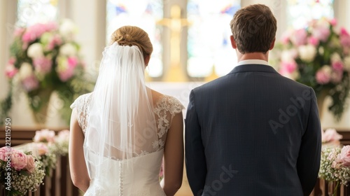 A bride and groom exchanging vows in a chapel adorned with flowers, symbolizing the sacred Christian ritual of marriage and enduring love