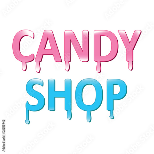 Vector illustration of a blue and pink text lettering Candy shop fluid melt dripping liquid flow dripping on a white background