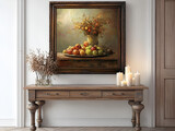 Vintage still life painting of fruits in a timeless setting with candles on a wooden table