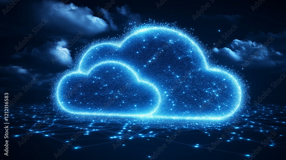 A digital cloud storage concept with floating data icons and glowing connections in the sky, with copy space. Soft blue lighting. Futuristic tech background. A digital cloud storage concept with floating data icons and glowing connections in the sky, with copy space. Soft blue lighting. Futuristic tech background.