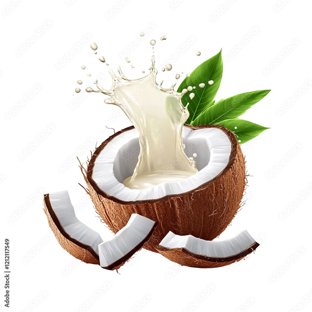 custom made wallpaper toronto digitalA realistic vector illustration of coconut milk, on a transparent background, splashing out from the center with two leaves on each side