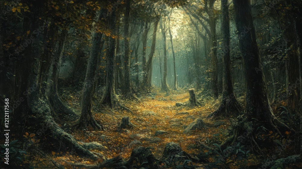 Enigmatic Forest Path with Golden Leaves and Mystical Sunlight Filtering Through Trees Enigmatic Forest Path with Golden Leaves and Mystical Sunlight Filtering Through Trees