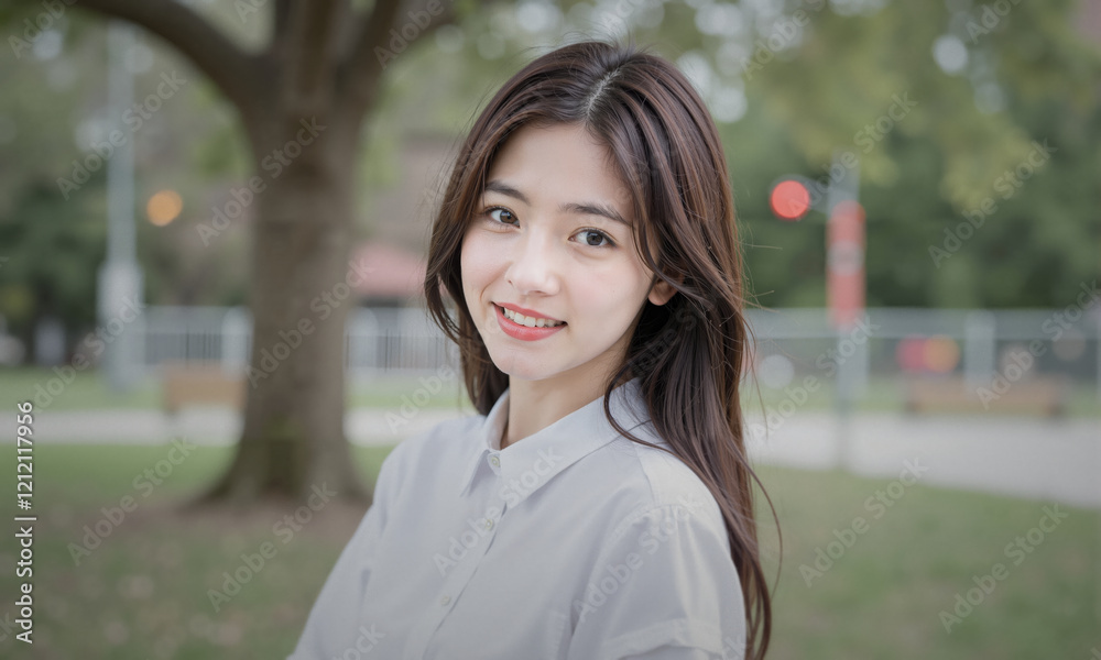 Beautiful Asian Woman with Long Hair Relaxing on Grass Beautiful Asian Woman with Long Hair Relaxing on Grass