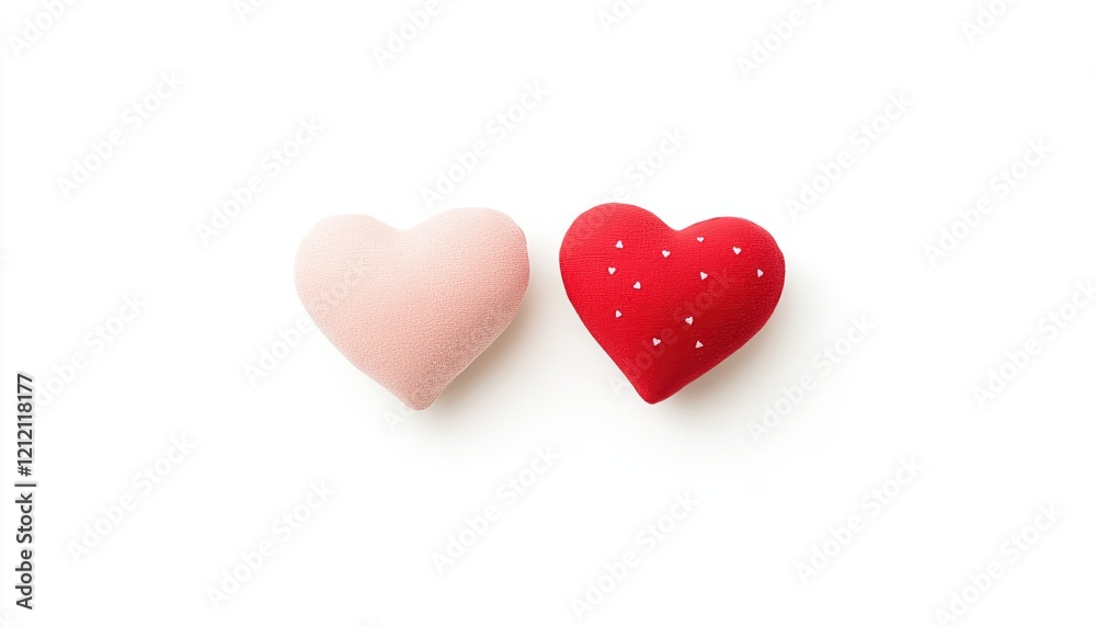 Two heart-shaped cushions in soft textures, one pink and one red with white dots, on a white background Two heart-shaped cushions in soft textures, one pink and one red with white dots, on a white background