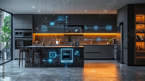 Modern Kitchen with a Striking Black Counter and Vibrant Neon Sign Capturing the Essence of Innovative Interior Technology