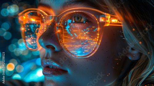 Woman with Futuristic Glasses Reflecting Digital Data  
 photo