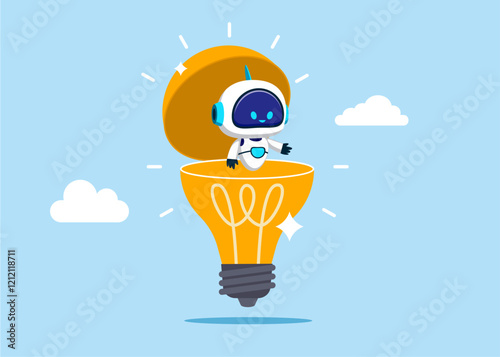 Robot open lightbulb idea to see business vision. Creativity to help see business opportunity, vision to discover new solution or idea, curiosity, searching for success in technology.
