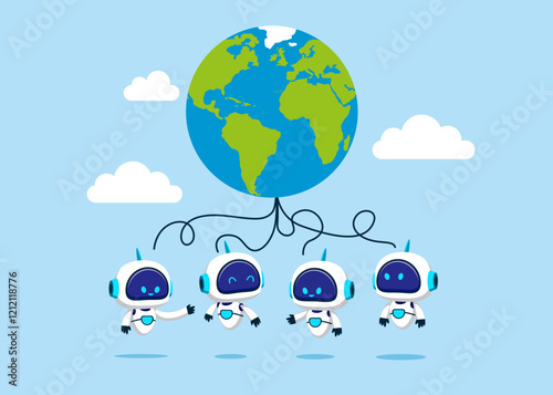 Robots think global technology. Global technology expansion, open company branches, franchise in new location to cover all continent, growing digital business worldwide. Flat vector illustration