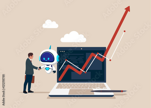 Two financial broker businessman and robot made deal. Laptop with growth charts. Stock market exchange concept. Modern vector illustration in flat style. 