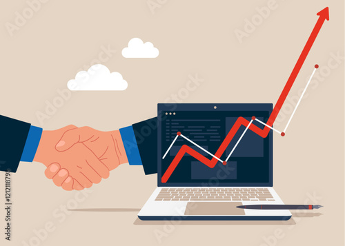 Laptop with growth charts. Stock market exchange concept. Two financial broker made deal. Modern vector illustration in flat style. 