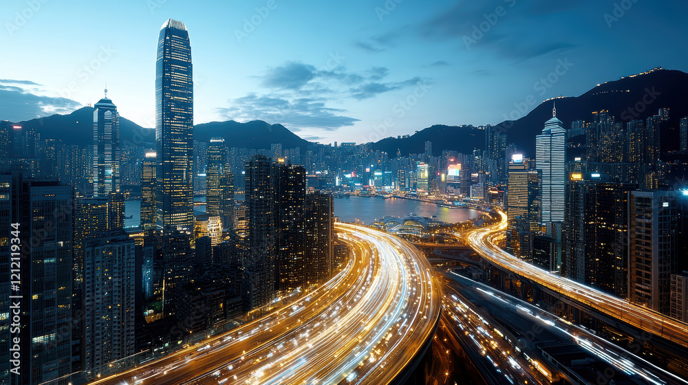 Fototapeta premium vibrant city skyline at dusk with illuminated skyscrapers and busy highways
