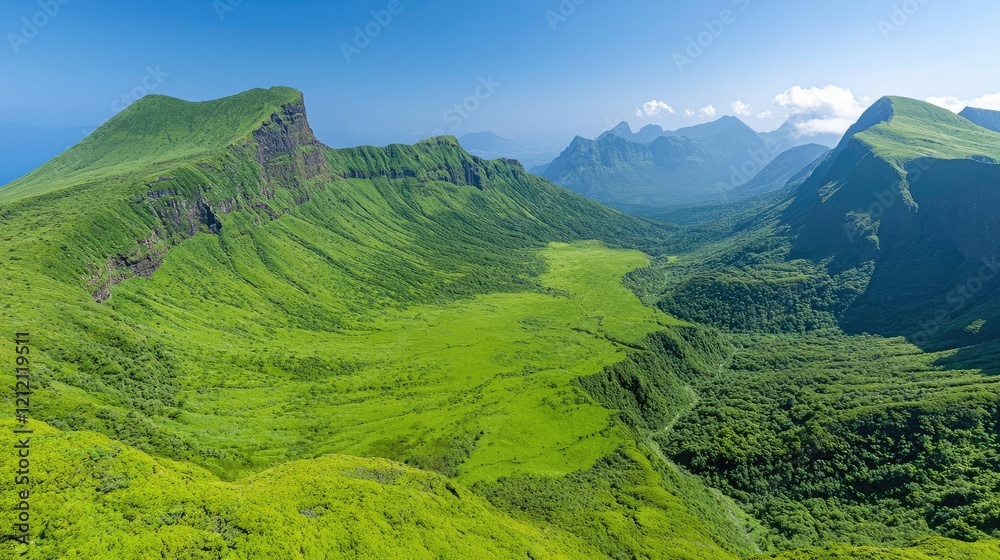 Fototapeta premium Lush green valley panorama, volcanic mountains, island landscape, summer day, travel poster