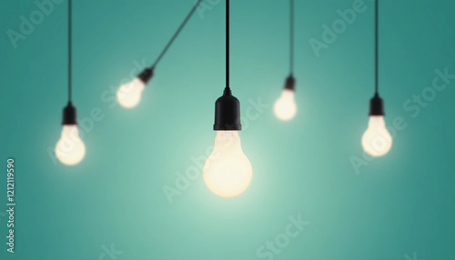 A glowing light bulb hanging from a black cord in the center, surrounded by several identical, unlit light bulbs. The background is a soft teal color, creating a calm and modern atmosphere.