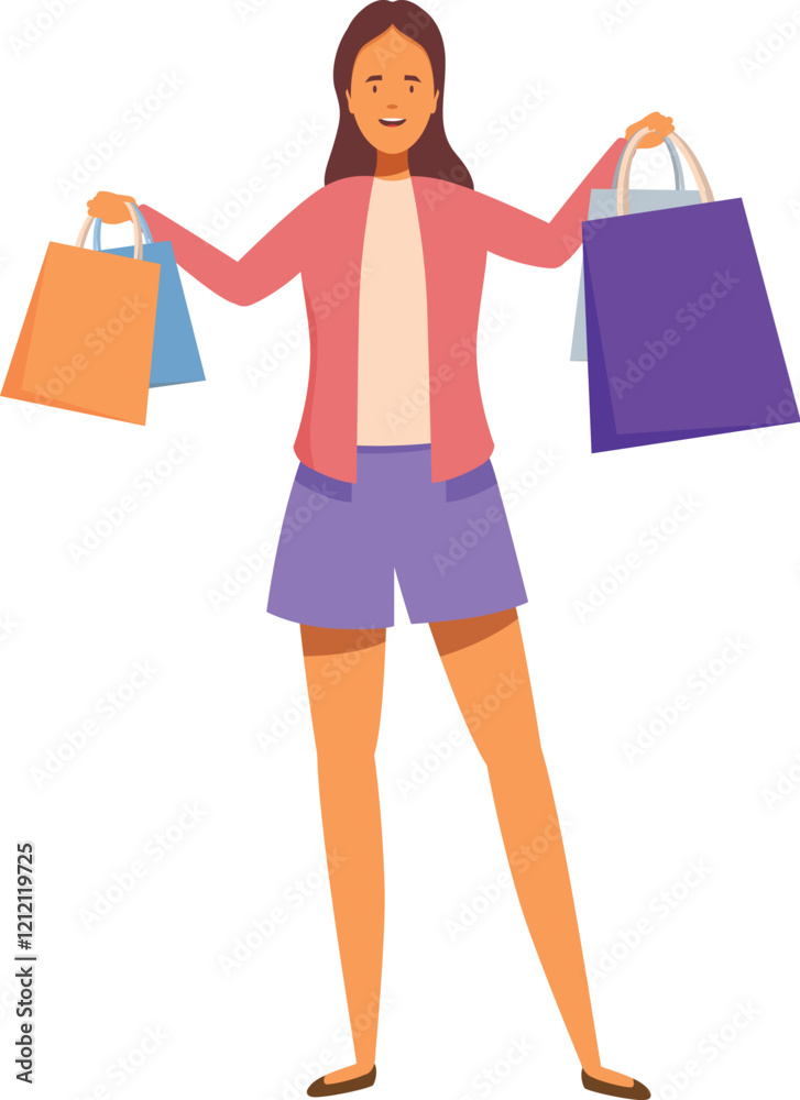 Young woman smiling and holding shopping bags, enjoying retail therapy and consumerism Young woman smiling and holding shopping bags, enjoying retail therapy and consumerism