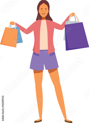 Young woman smiling and holding shopping bags, enjoying retail therapy and consumerism
