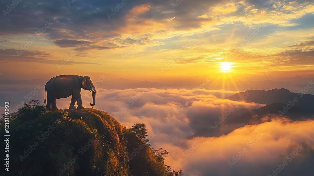 Majestic Elephant Standing on Mountain Peak Surrounded by Clouds at Sunset in a Breathtaking Landscape. Majestic Elephant Standing on Mountain Peak Surrounded by Clouds at Sunset in a Breathtaking Landscape.