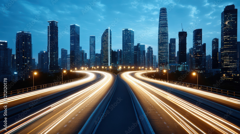 futuristic city skyline with illuminated skyscrapers and busy roads futuristic city skyline with illuminated skyscrapers and busy roads