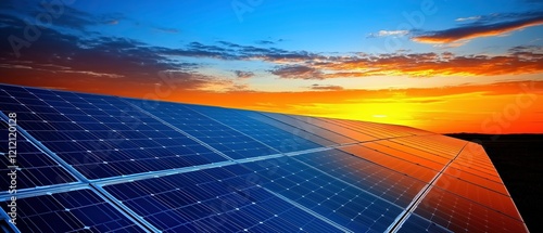 Solar Panel Sunset:  A stunning vista of solar panels at sunset, capturing the vibrant hues of the sky reflected in the panels' surfaces.
