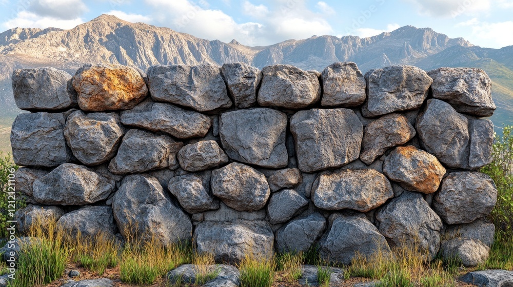 Stone wall constructed with large boulders in a mountainous landscape under a clear blue sky Stone wall constructed with large boulders in a mountainous landscape under a clear blue sky