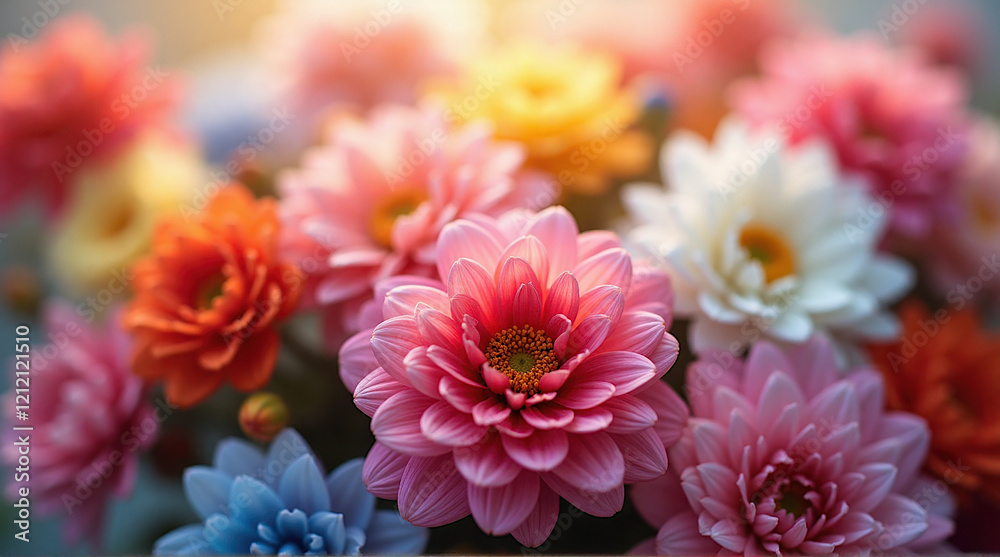 Fototapeta premium close-up bright floral bouquet in shades of pink, red, yellow, white and blue