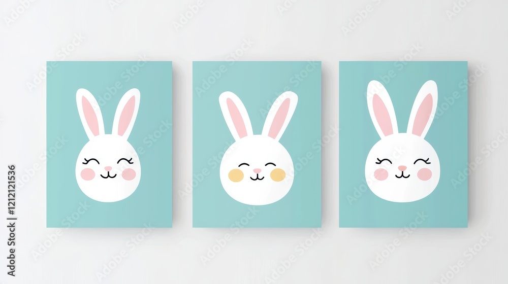 Obraz premium Minimalist and cheerful bunny face collection in a pastel palette, featuring charming expressions on a teal canvas