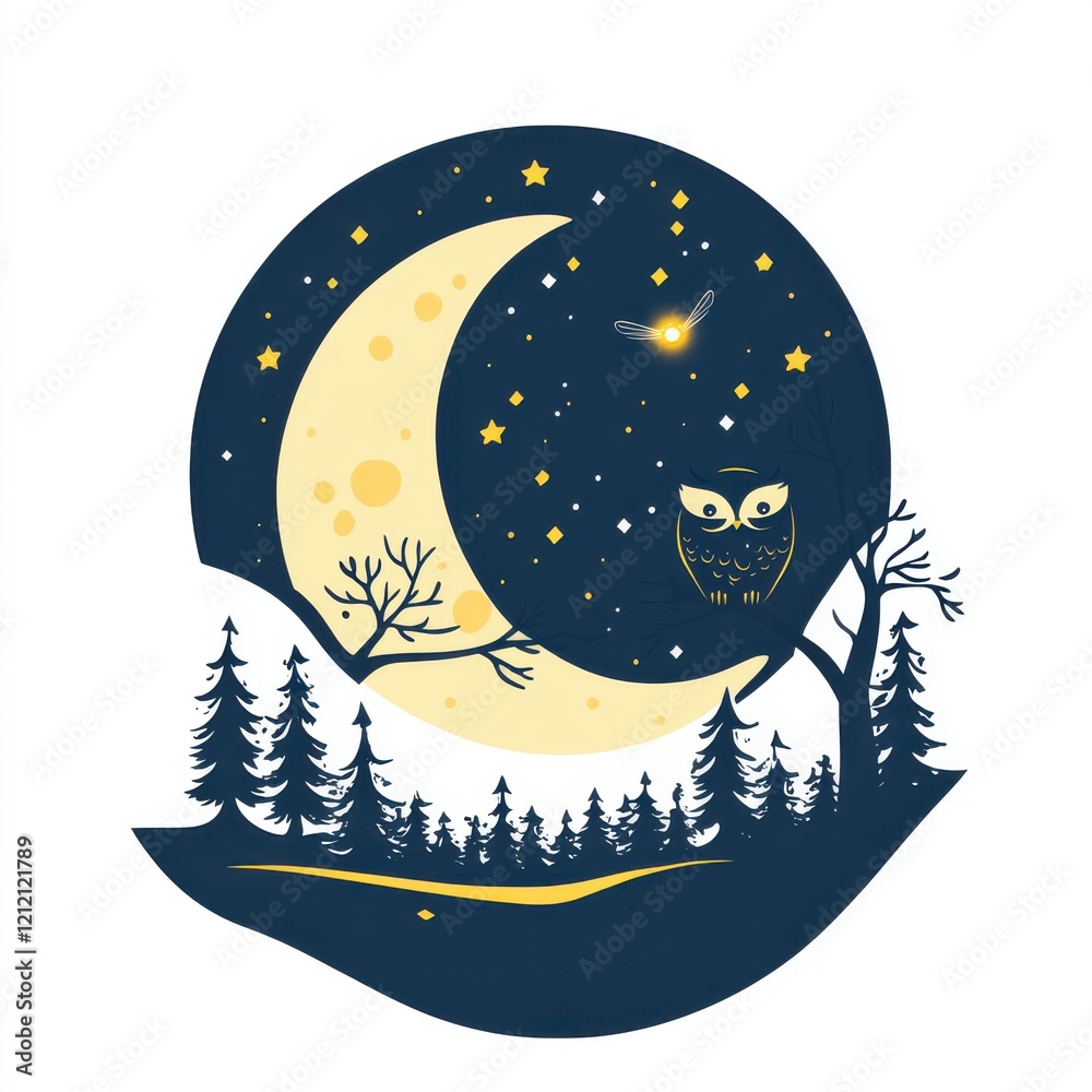 Nighttime serenity crescent moon owl and firefly in a forest landscape Nighttime serenity crescent moon owl and firefly in a forest landscape
