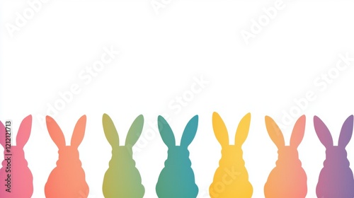 Minimalist design featuring cheerful bunny silhouettes in bright pink, yellow, green, and purple tones, creating a festive border