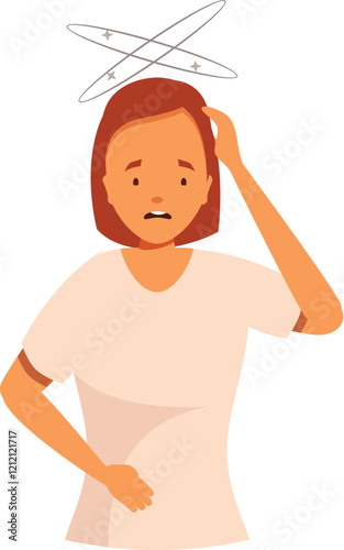 Dizziness symptom with woman touching head feeling bad, suffering from vertigo, health problem and healthcare concept