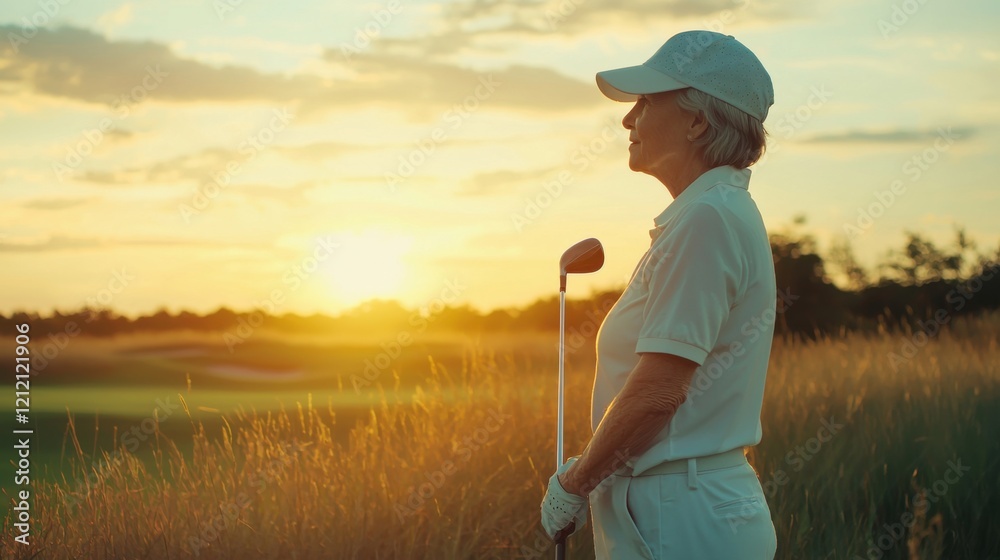 portrait of old woman golfer with club on golf course at sunset, elderly senior couple playing golf in white uniform, senior woman holding golf club and looking at copy space portrait of old woman golfer with club on golf course at sunset, elderly senior couple playing golf in white uniform, senior woman holding golf club and looking at copy space