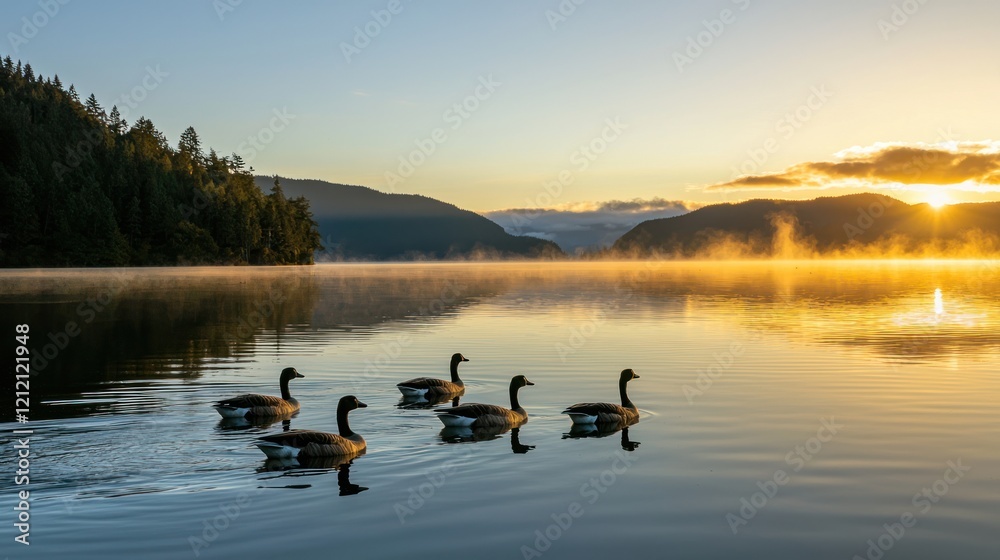 A group of geese swimming peacefully in a calm lake during sunrise. A group of geese swimming peacefully in a calm lake during sunrise.