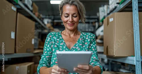 Small businesswoman using a tablet for e-commerce  managing inventory  and handling orders or couriers for her startup online shop. She leverages digital technology for logistics  packaging  or boxes