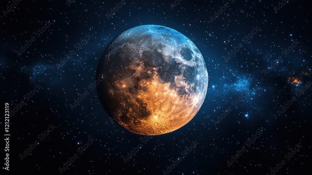 Obraz premium Stunning view of a luminous moon against a starry night sky, showcasing celestial beauty and tranquility