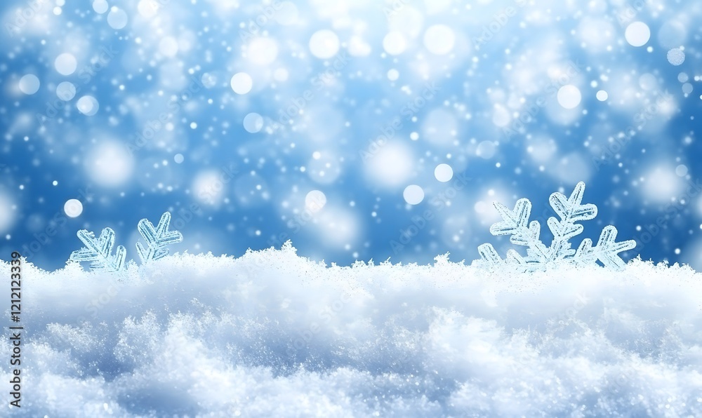 Fototapeta premium Snowflakes on snowdrift, winter bokeh background, festive card