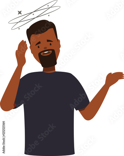 Vertigo concept, young man feeling dizzy, suffering from vertigo, stars spinning around head, loss of balance, health problems