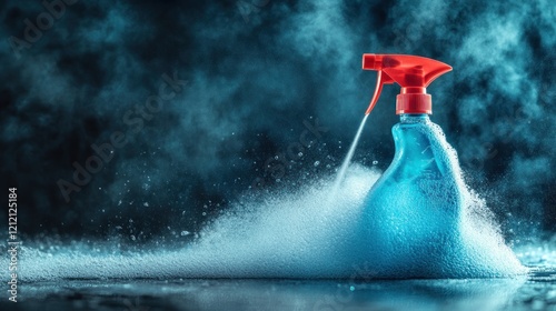 Blue spray bottle dispensing cleaning foam against dark background.
