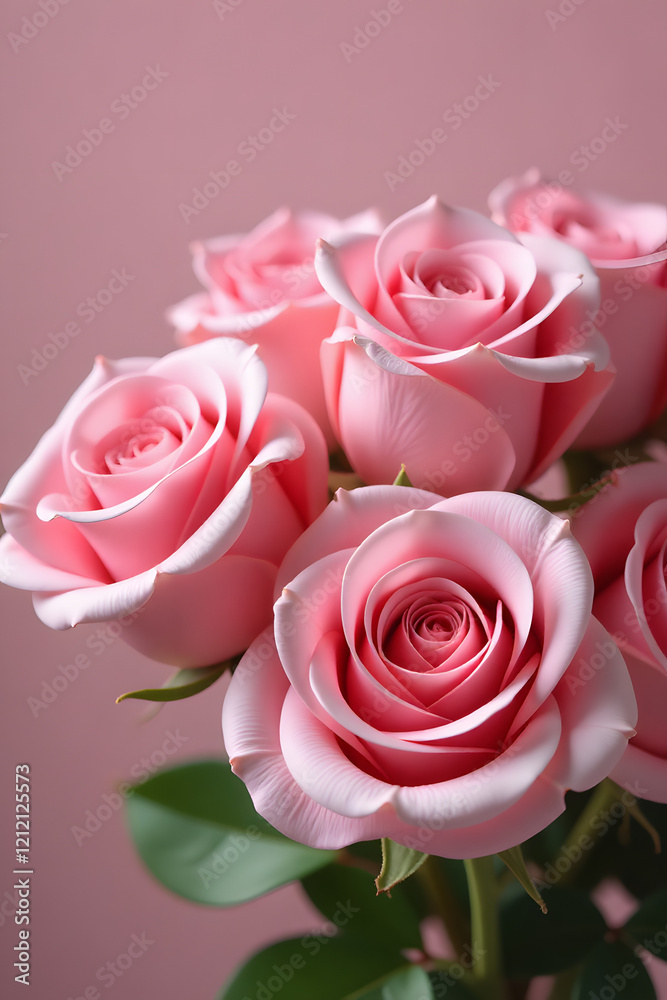 Fototapeta premium Pink roses bouquet in soft focus against pastel pink background with copy space