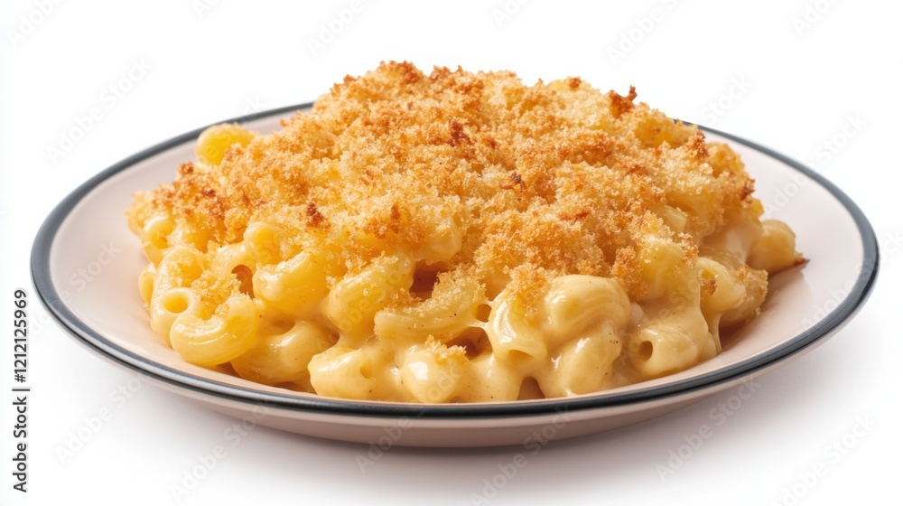 A plate of gourmet macaroni and cheese with a golden-brown breadcrumb crust, Each creamy pasta shell coated in rich cheese sauce and baked to perfection A plate of gourmet macaroni and cheese with a golden-brown breadcrumb crust, Each creamy pasta shell coated in rich cheese sauce and baked to perfection