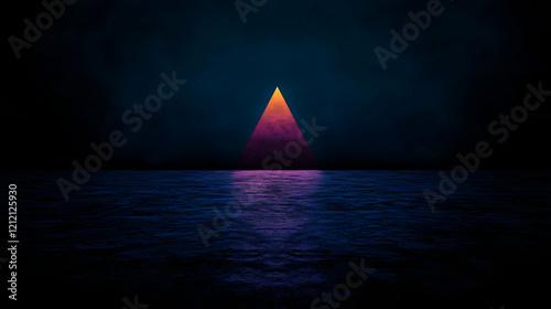 Minimal art, Glowing pyramid rising from dark waters, representing mysterious depths and enigmatic cosmic forces