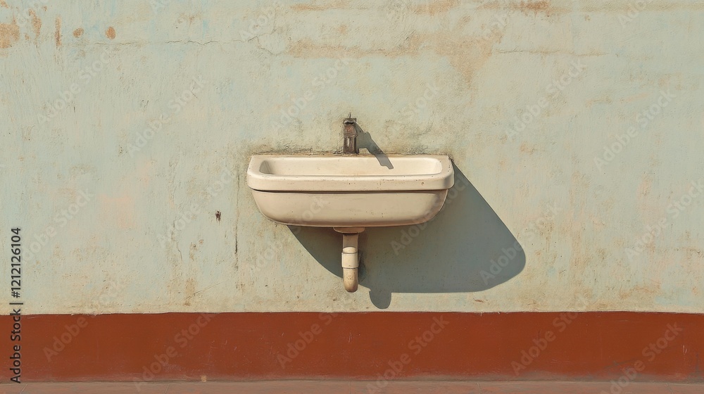Simple off-white porcelain sink mounted on a rustic, textured wall with a rusty faucet. Simple off-white porcelain sink mounted on a rustic, textured wall with a rusty faucet.