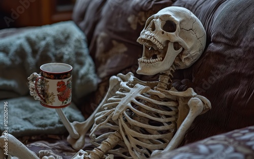 Tired skeleton lying on a couch, holding a coffee mug, yawning with exhaustion