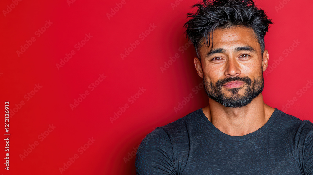 Relaxed Asian man with beard against vibrant red background Relaxed Asian man with beard against vibrant red background