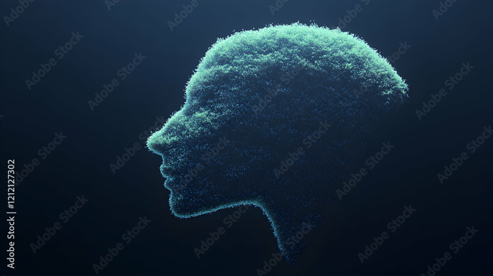 Obraz premium Minimal art, Consciousness materializing from microscopic particles, green and dark blue gradients visualizing inner cognitive landscape