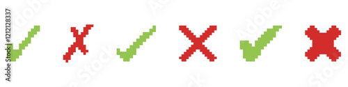 Retro Style Check and Cross Symbols. Green Checkmark and Red Cross Pixel Icon Set. Isolated Vector Illustration