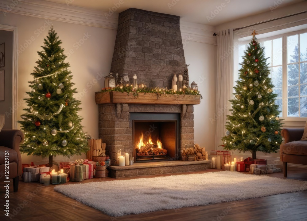 Cozy winter scene with a lit fireplace and a decorated evergreen Christmas tree in the corner, warmth, soft light, christmas tree Cozy winter scene with a lit fireplace and a decorated evergreen Christmas tree in the corner, warmth, soft light, christmas tree